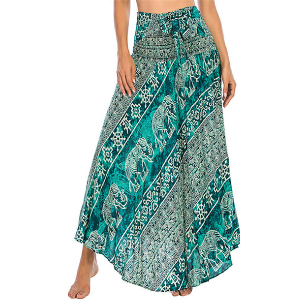 Buddha Stones Two Style Wear Boho Elephant Geometry Lace-up Skirt Dress Skirt&Dress BS Turquoise F(Fit for US2-12; UK/AU6-16; EU34-44)