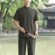 Buddha Stones 2Pcs Men's Short Sleeve Shirt Top T-Shirt Pants Meditation Zen Tai Chi Cotton Linen Clothing Set Men's Meditation Cloth BS Dark Green(Top Only) 6XL(Bust 138cm/Waist 86-150cm/Hips 144cm)