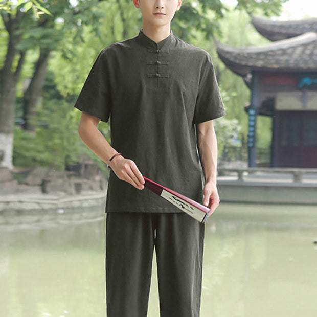 Buddha Stones 2Pcs Men's Short Sleeve Shirt Top T-Shirt Pants Meditation Zen Tai Chi Cotton Linen Clothing Set Men's Meditation Cloth BS Dark Green(Top Only) 6XL(Bust 138cm/Waist 86-150cm/Hips 144cm)