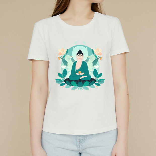 Buddha Stones Close Eyes Green Leaf Buddha Tee T-shirt T-Shirts BS 4