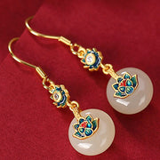 Buddha Stones 925 Sterling Silver Plated Gold Hetian Jade Lotus Luck Ring Earrings Set