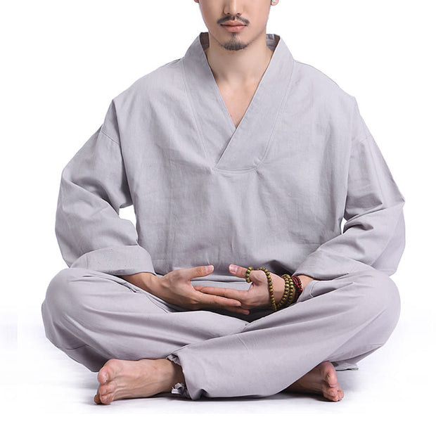 Buddha Stones Meditation Prayer V-neck Design Cotton Linen Spiritual Zen Practice Yoga Clothing Men's Set