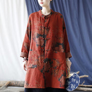 Buddha Stones Orange Peony Flower Cotton Linen Frog-Button Open Front Jacket With Pockets 26