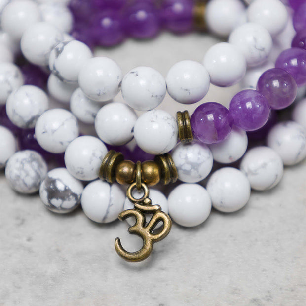 Buddha Stones 108 Mala Beads Amethyst White Turquoise OM Healing Meditation Energy Bracelet Bracelet BS 2