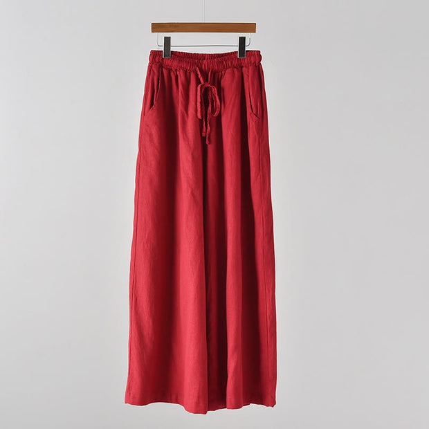 Buddha Stones Loose Cotton Linen Drawstring Wide Leg Pants With Pockets Wide Leg Pants BS Red L(Waist 69cm/Hips 120cm/Length 100cm)