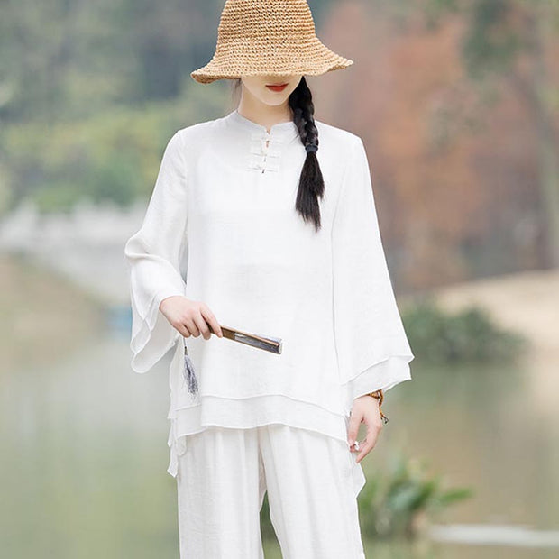 Buddha Stones 2Pcs Plain Design Top Pants Meditation Yoga Zen Tai Chi Cotton Linen Clothing Women's Set Clothes BS 21