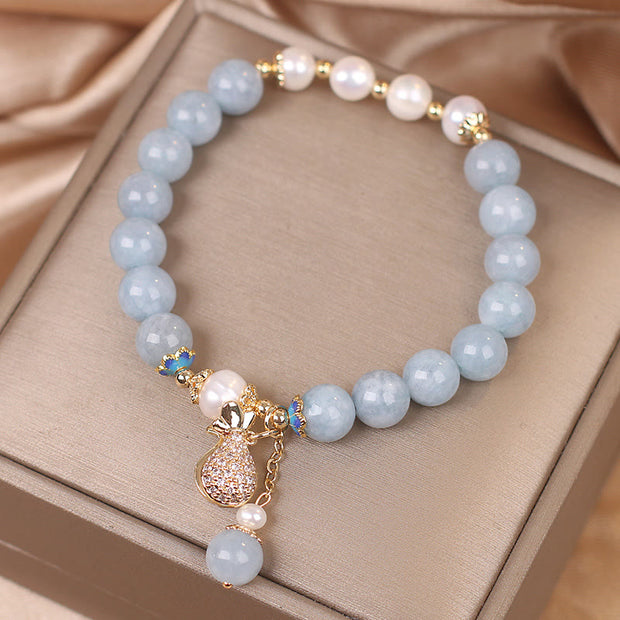 Buddha Stones Aquamarine Pearl Fortune Money Bag Charm Bracelet Bracelet BS 3