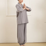 Buddha Stones 2Pcs V-Neck Three Quarter Sleeve Shirt Top Pants Meditation Zen Tai Chi Cotton Linen Clothing Women's Set 4