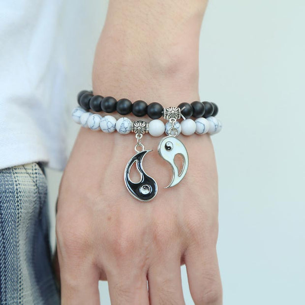 Buddha Stones 2pcs Natural Black Onyx White Turquoise Bead Yin Yang Couple Bracelet Bracelet BS 3