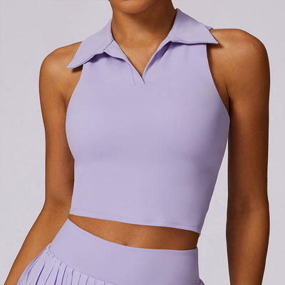 Buddha Stones Polo Collar Crop Tank Top Tennis Skirts Pleated Shorts With Pocket Sports Yoga Outfits 2-Piece Outfit BS Purple Top XL