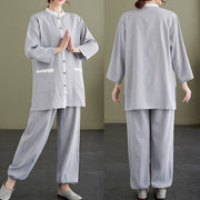Buddha Stones 2Pcs Solid Color Long Sleeve Shirt Top Pants Meditation Zen Tai Chi Cotton Linen Clothing Women's Set Women's Meditation Cloth BS 14