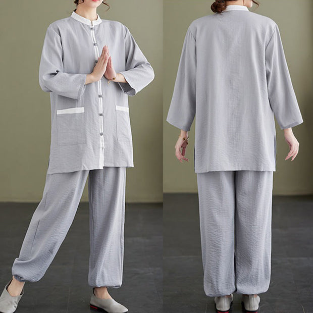 Buddha Stones 2Pcs Solid Color Long Sleeve Shirt Top Pants Meditation Zen Tai Chi Cotton Linen Clothing Women's Set Women's Meditation Cloth BS 14