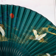 Buddha Stones Flying White Crane Sun Cloud Handheld Silk Bamboo Folding Fan 22cm 6