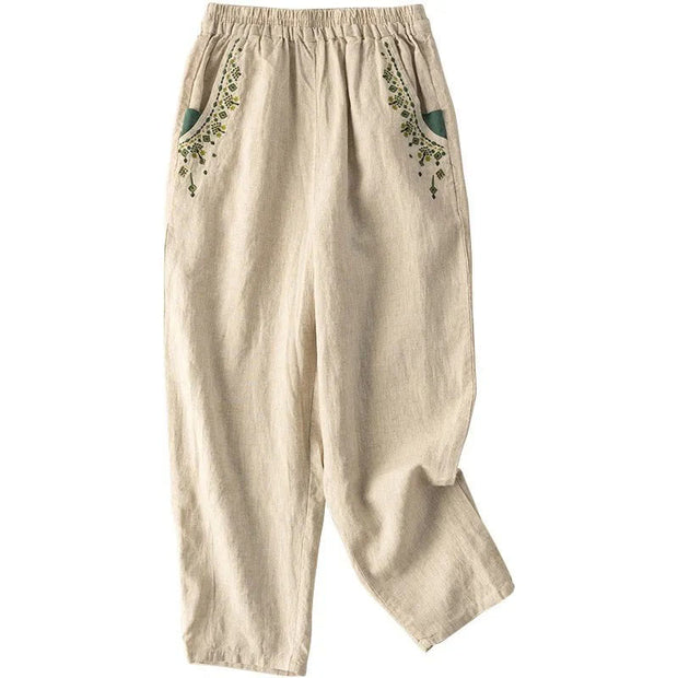 Buddha Stones Vintage Embroidery Elastic Waist Harem Pants With Pockets Harem Pants BS 16