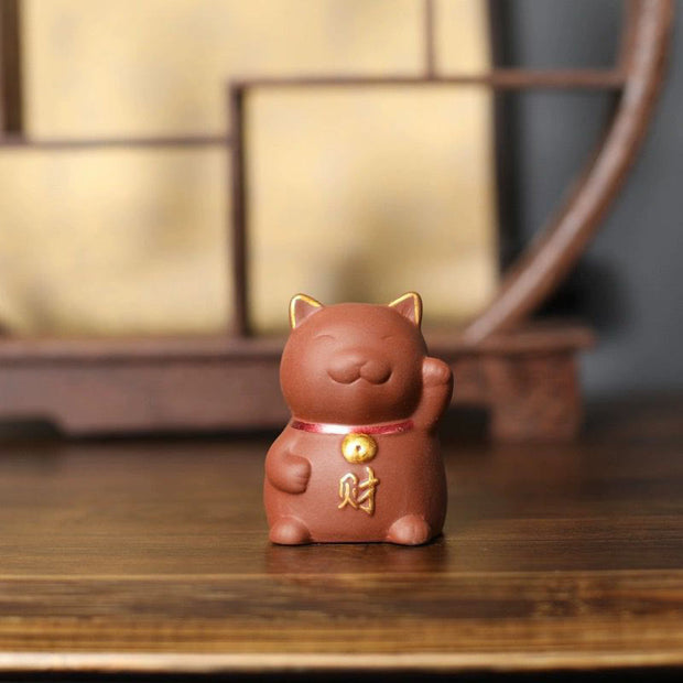 Buddha Stones Mini Lucky Cat Wealth Tea Pet Purple Clay Figurine Decoration Decorations BS 1