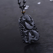 Buddha Stones Black Obsidian Koi Fish Engraved Strength Beaded Necklace Pendant Necklaces & Pendants BS 14