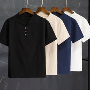 Buddha Stones 2Pcs Solid Color Linen Button Short Sleeve T-shirt Pants Men's Set