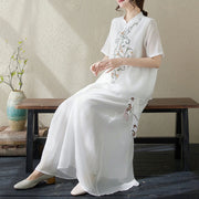 Buddha Stones 2Pcs Flower Embroidery Short Sleeve Tee T-shirt Wide Leg Pants Set 2-Piece Outfit BS 14