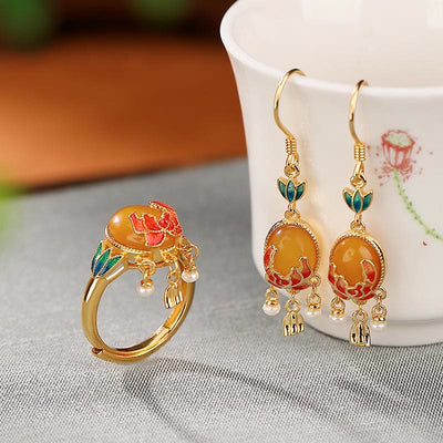 Buddha Stones 925 Sterling Silver Plated Gold Natural Amber Flower Pearl Confidence Ring Earrings Set Bracelet Necklaces & Pendants BS 2Pcs(Ring&Earrings)