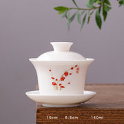 Buddha Stones White Porcelain Mountain Landscape Countryside Ceramic Gaiwan Teacup Kung Fu Tea Cup And Saucer With Lid Cup BS Long Cup-Plum Blossom(8.8cm*10cm*140ml)