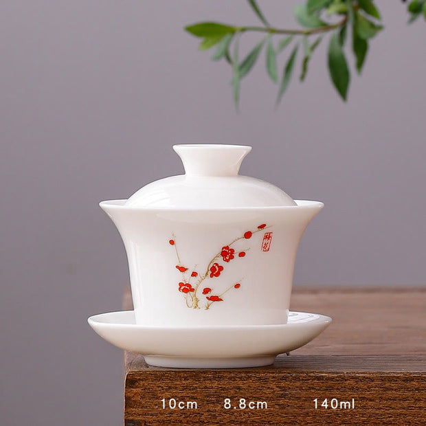 Buddha Stones White Porcelain Mountain Landscape Countryside Ceramic Gaiwan Teacup Kung Fu Tea Cup And Saucer With Lid Cup BS Long Cup-Plum Blossom(8.8cm*10cm*140ml)