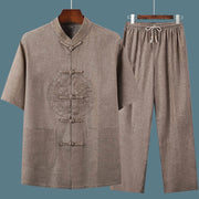 Buddha Stones Dragon Embroidery Pattern Tang Suit Short Sleeve Shirt Pants Men's Set Men's Meditation Cloth BS 6