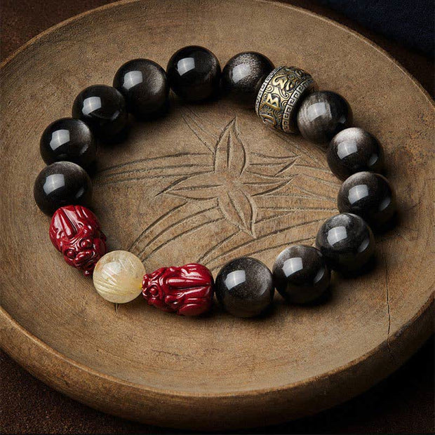 Buddha Stones Gold Sheen Obsidian PiXiu Cinnabar Om Mani Padme Hum Protection Bracelet