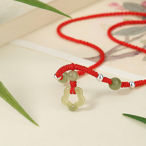 Buddha Stones 925 Sterling Silver Natural Hetian Cyan Jade Flower Pentagram Luck Red Rope Necklace Pendant Bracelet Set
