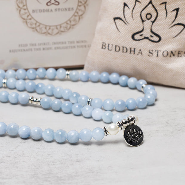 Buddha Stones 108 Mala Beads Aquamarine Healing Bracelet