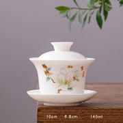 Buddha Stones White Porcelain Mountain Landscape Countryside Ceramic Gaiwan Teacup Kung Fu Tea Cup And Saucer With Lid Cup BS Long Cup-Magnolia(8.8cm*10cm*140ml)