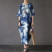 Buddha Stones Ink Tie Dye Midi Dress Three Quarter Sleeve Cotton Linen Dress With Pockets 8