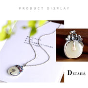 Buddha Stones 925 Sterling Silver Round Flower Hetian Jade Luck Necklace Pendant Earrings Set