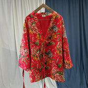 Buddha Stones Ethnic Style Northeast Red Flower Peony Print Cotton Linen Lace Up Jacket 15