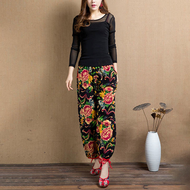 Buddha Stones Ethnic Style Red Green Flowers Print Harem Pants With Pockets Women's Harem Pants BS 37
