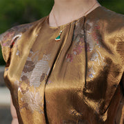 Buddha Stones Golden Rose Flowers Print Acetic Acid Midi Dress Sleeveless Acetate Dress