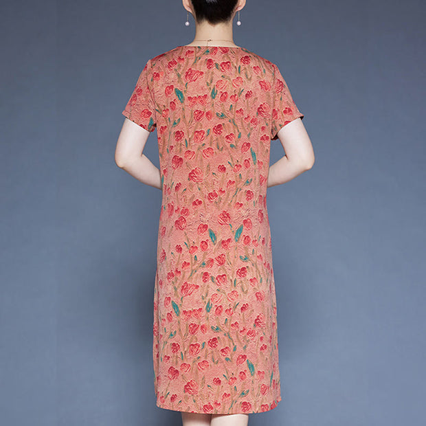 Buddha Stones V-Neck Tulip Flowers Short Sleeve Midi Dress With Pockets