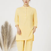 Buddha Stones 2Pcs Solid Color Three Quarter Shirt Top Pants Meditation Zen Tai Chi Cotton Linen Clothing Women's Set