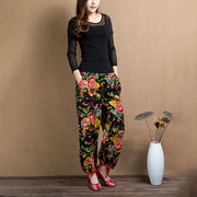 Buddha Stones Ethnic Style Red Green Flowers Print Harem Pants With Pockets Women's Harem Pants BS 36
