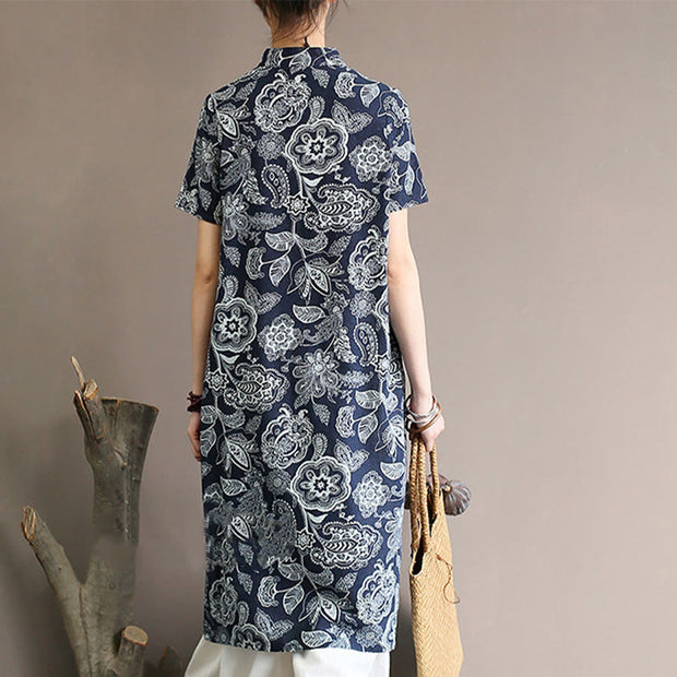Buddha Stones Blue White Flower Frog-button Cheongsam Dresses Short Sleeve Linen Dresses With Pockets 13