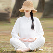 Buddha Stones 2Pcs Plain Design Top Pants Meditation Yoga Zen Tai Chi Cotton Linen Clothing Women's Set Clothes BS White Front Chinese Frog Button(Top&Pants) 2XL(Suitable for Weight 65-72.5kg)