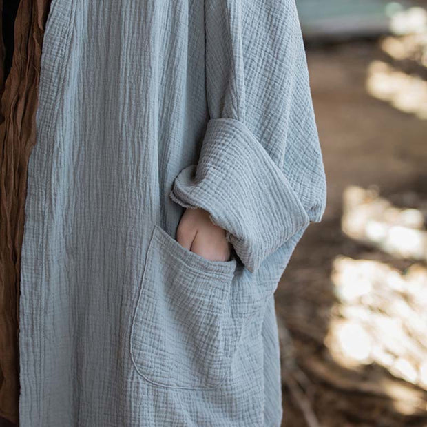 Buddha Stones Plain Design Long Sleeve Coat Zen Meditation Open Front Top Cotton Jacket
