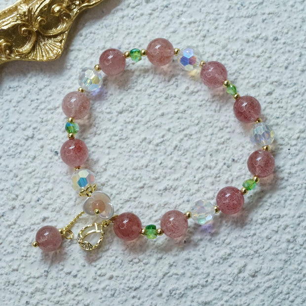 Buddha Stones Strawberry Quartz Rutilated Quartz Fluorite Flower Healing Bracelet Bracelet BS 8