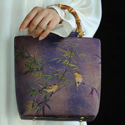 Buddha Stones Purple Magpie Birds Branches Bamboo Handles Handbag Handbags BS 1