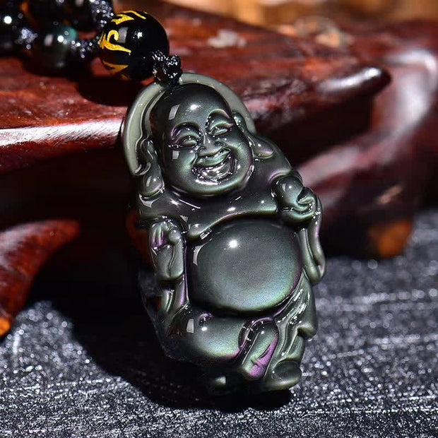 Natural Rainbow Obsidian Laughing Buddha Inner Peace Necklace Pendant Necklaces & Pendants BS 1