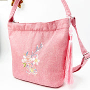 Buddha Stones Embroidery Wisteria Plum Lotus Cherry Blossom Cotton Linen Canvas Tote Crossbody Bag Shoulder Bag Handbag 28
