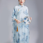 Buddha Stones 100% Mulberry Silk Organza Blue Butterfly Print Qipao Cheongsam Dress