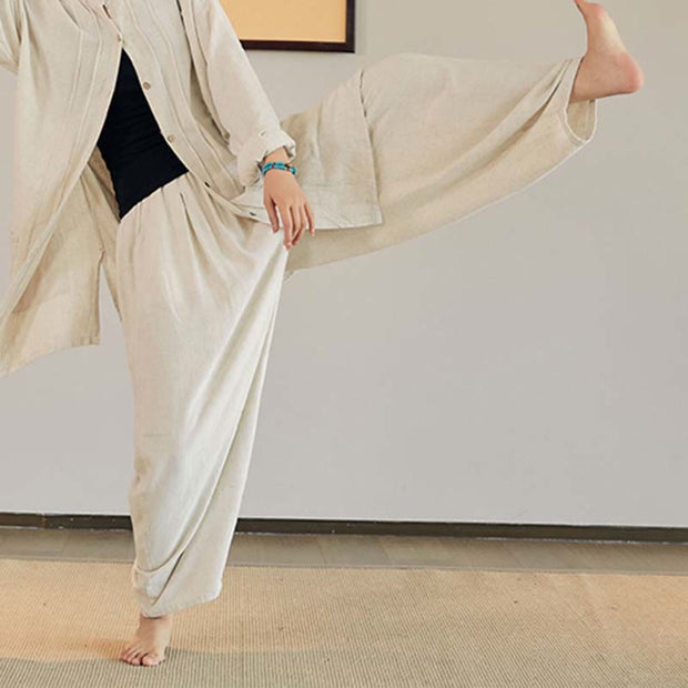Buddha Stones Plain Long Sleeve Coat Jacket Top Wide Leg Pants Zen Tai Chi Yoga Meditation Clothing Clothes BS Beige Pants Only One Size