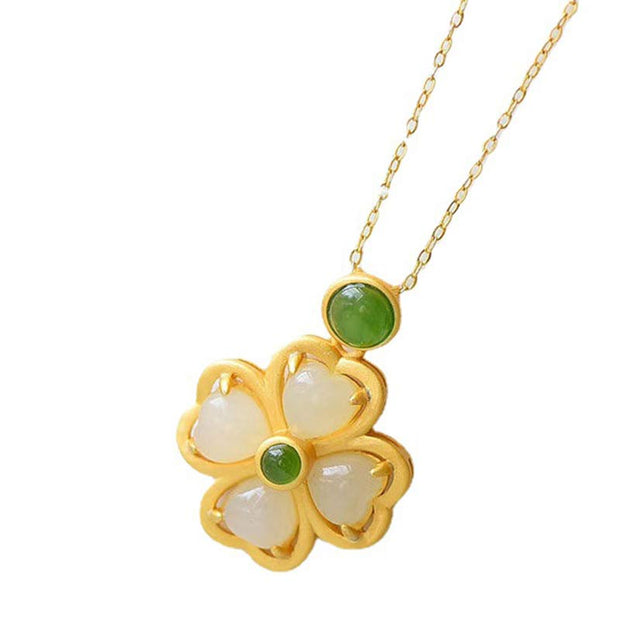 Buddha Stones 925 Sterling Silver Lucky Four Leaf Clover Jade Prosperity Necklace Chain Pendant