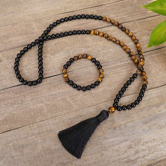 Buddha Stones Tibetan Black Onyx Tiger Eye Protection Necklace Mala Se ...