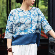 Buddha Stones Blue Flowers Three Quarter Sleeve Top Casual Tee T-shirt 11